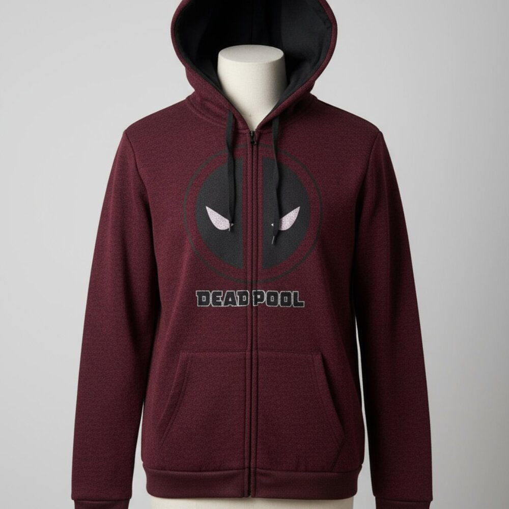 Marvel Deadpool Drawstring Hoodie Burgundy Zip Up Logo Sweater Men's Size L